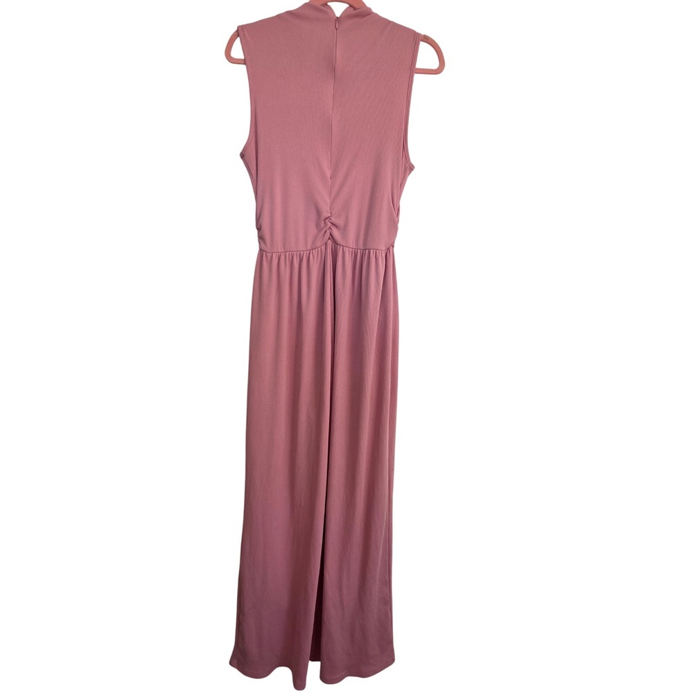 Women Ribbed‎ Mock Neck Sleeveless Wide Leg Jumpsuit Pink M